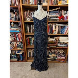 Adrianna Papell Silver Navy Beaded Chiffon Blouson Maxi Dress Gown size 4